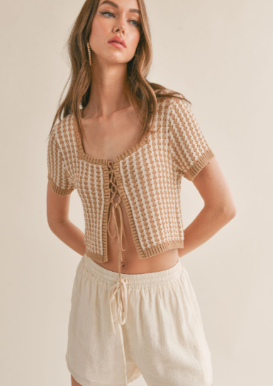 Lace Up Crop Sweater, Taupe/White