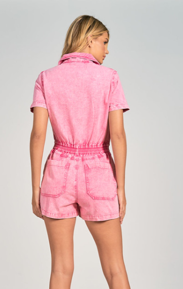 Short sleeve denim romper, pink – Bliss & Belle Boutique