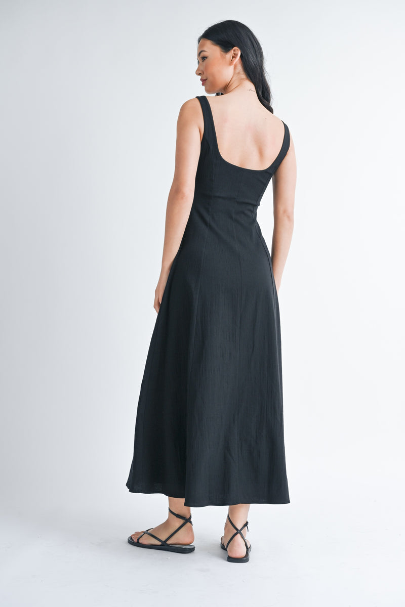 Sleeveless Flare Stretch Linen Dress, Black