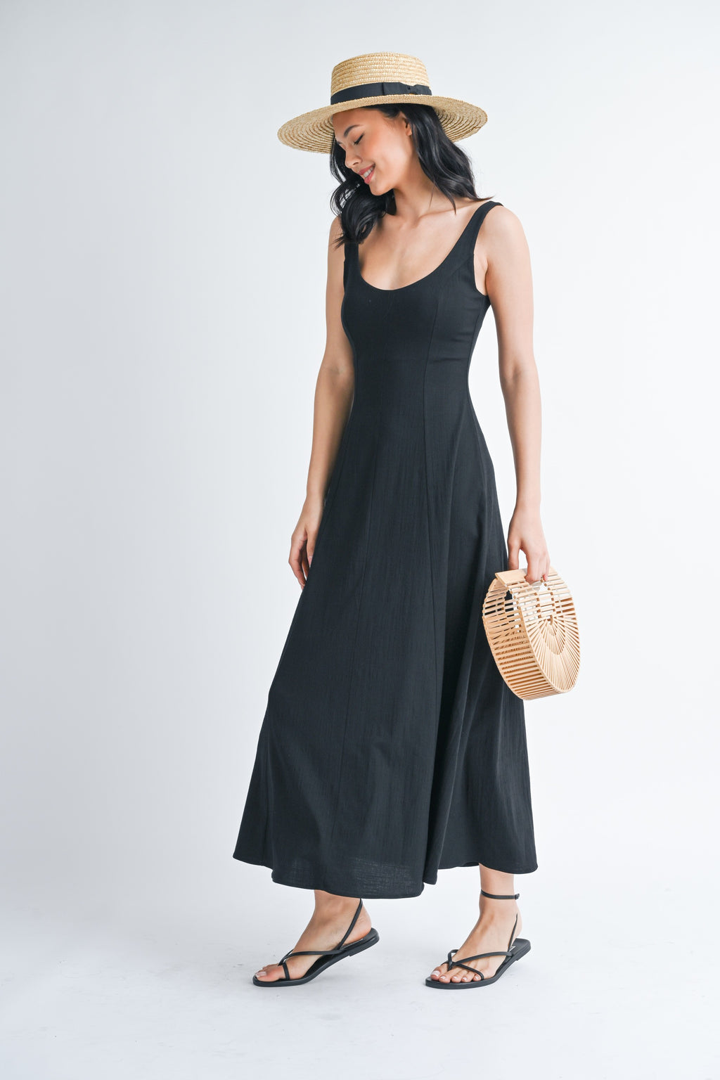 Sleeveless Flare Stretch Linen Dress, Black