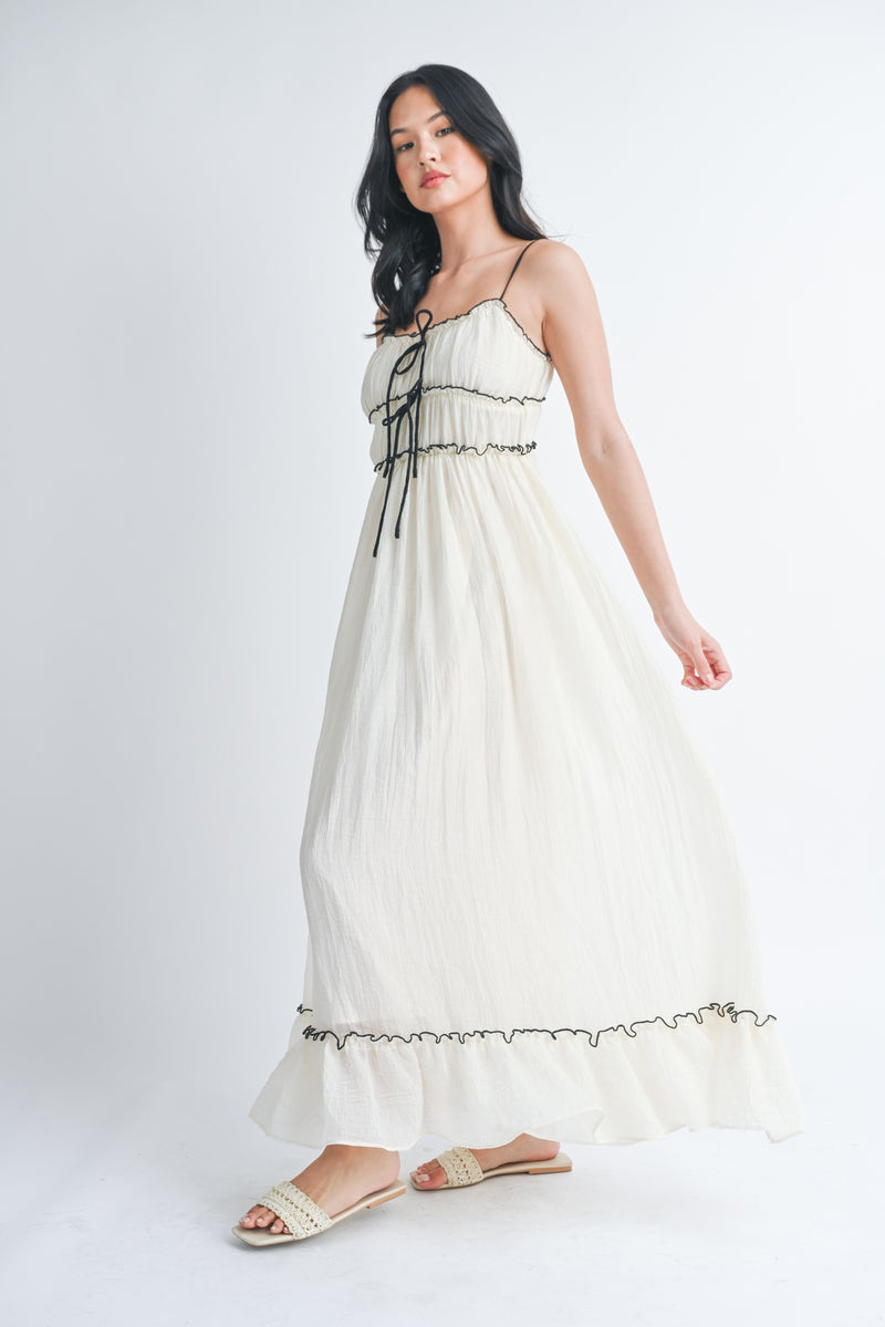 Chiffon Ruffle Bow Detail Maxi Dress, Cream