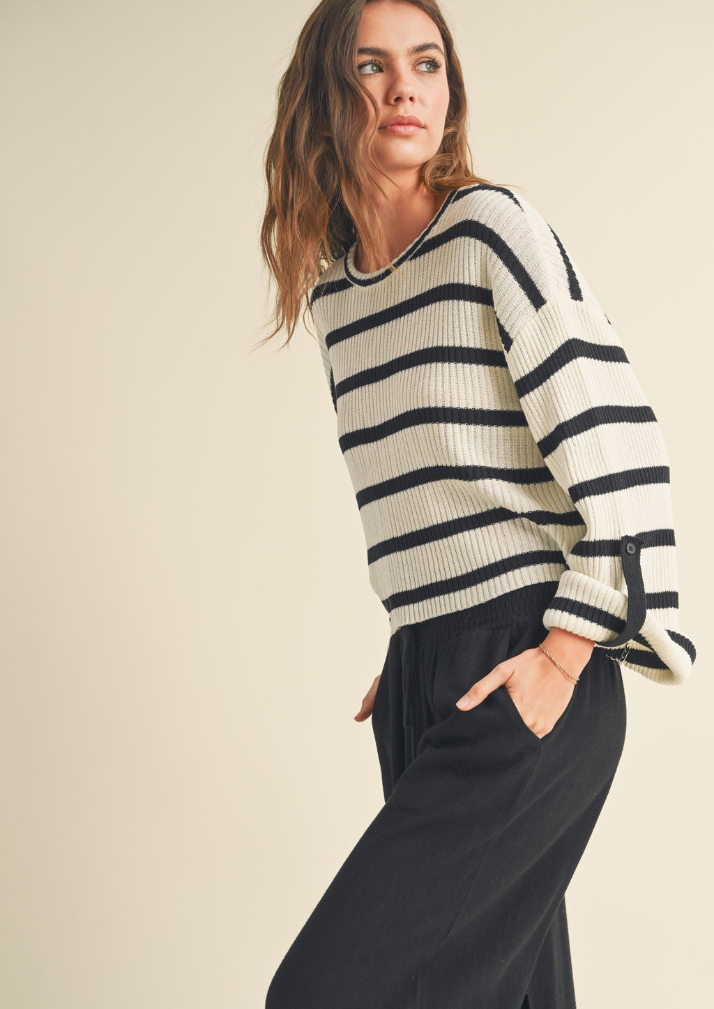 Striped Knit Pullover, White Black