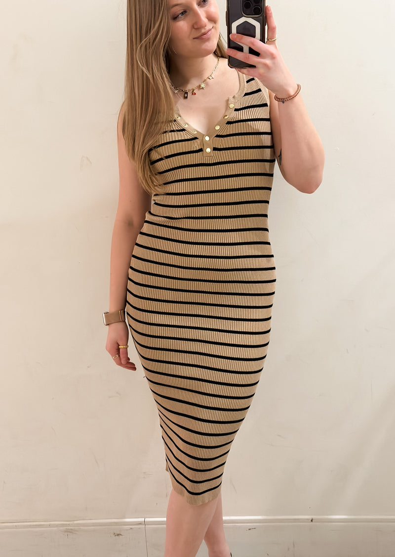 Sleeveless Button Stripe Midi Dress, Taupe