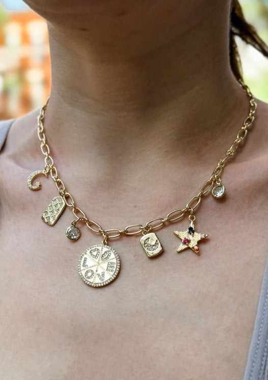 CZ Mixed Charm Necklace, Gold