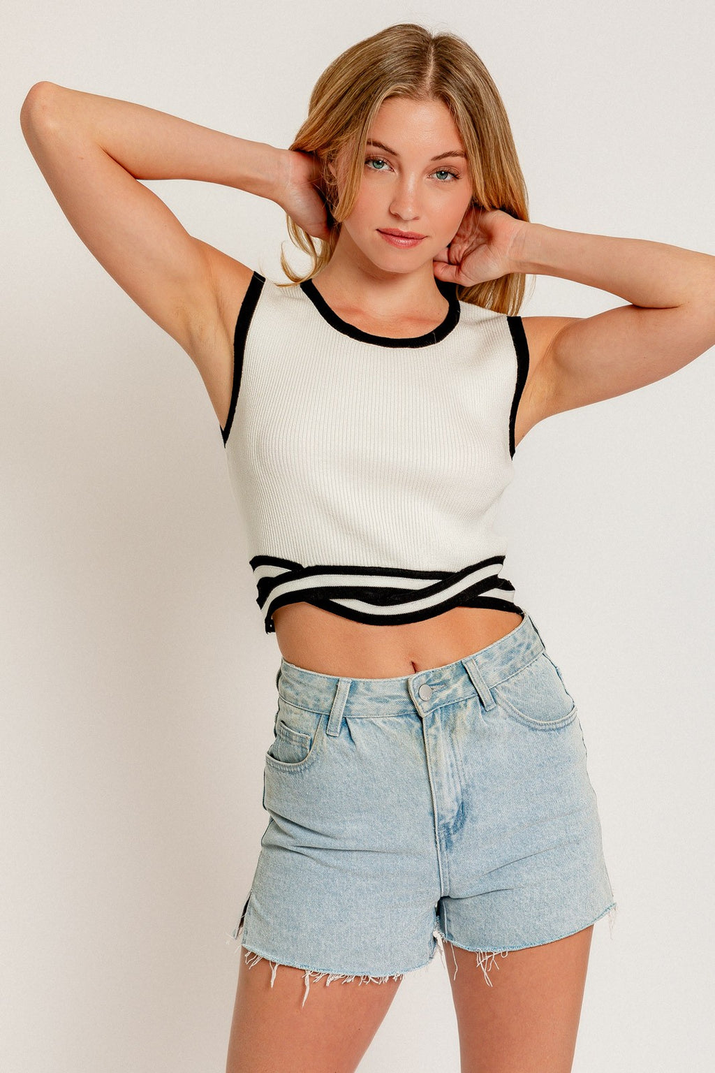 Contrast Band Knit Top, White