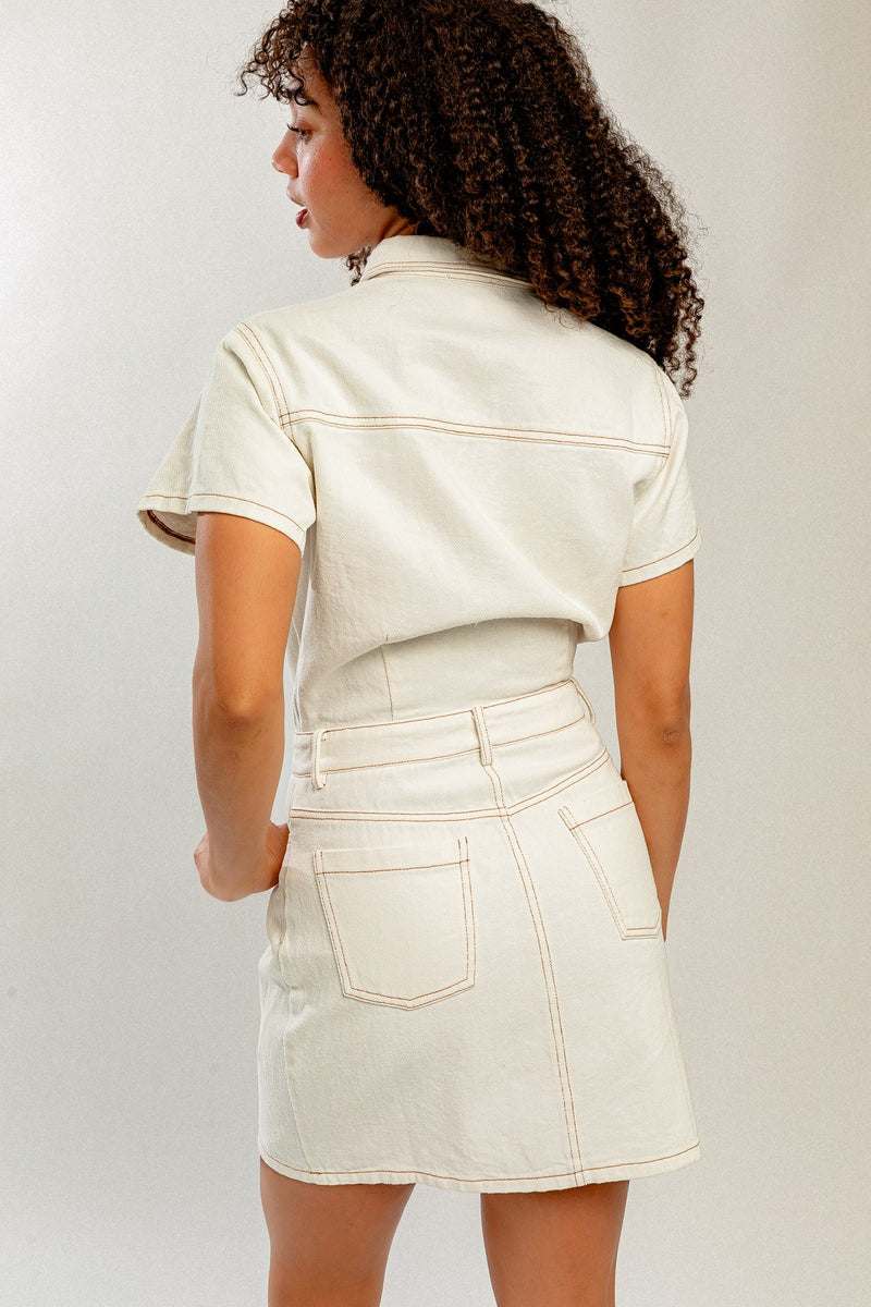 Short Sleeve Utility Denim Dress, White