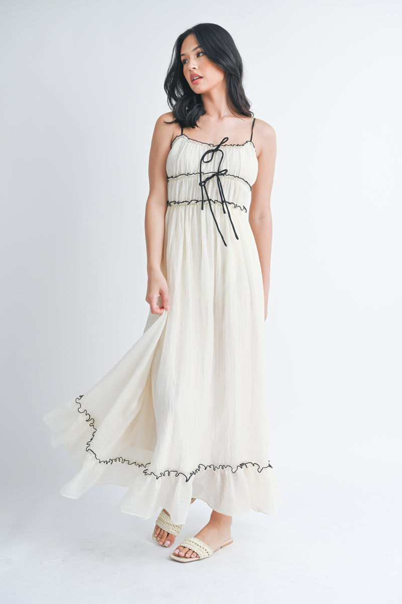 Chiffon Ruffle Bow Detail Maxi Dress, Cream