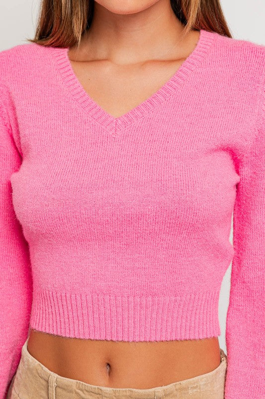 Long Sleeve V-Neck Sweater, Pink