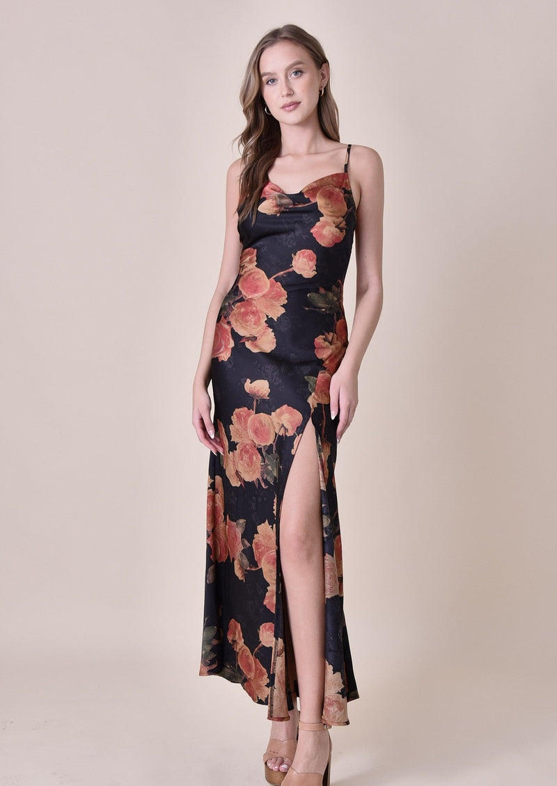 Sleeveless Satin Maxi Dress, Moody Floral
