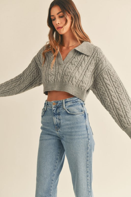 Long Sleeve Cable Collared Sweater, Heather Grey