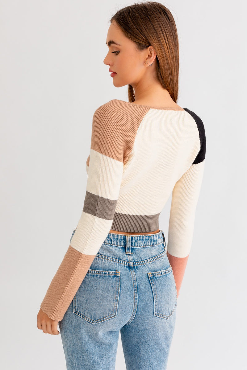Long Sleeve Square Neck Sweater, Black Multi