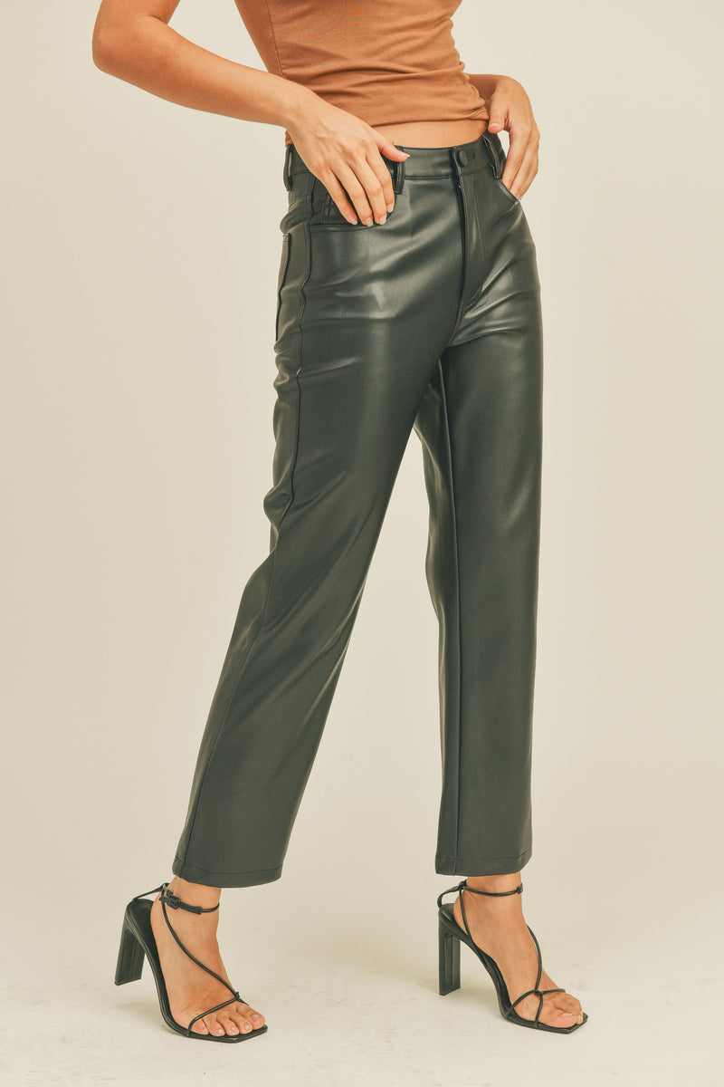 Faux Leather Straight Pants, Black