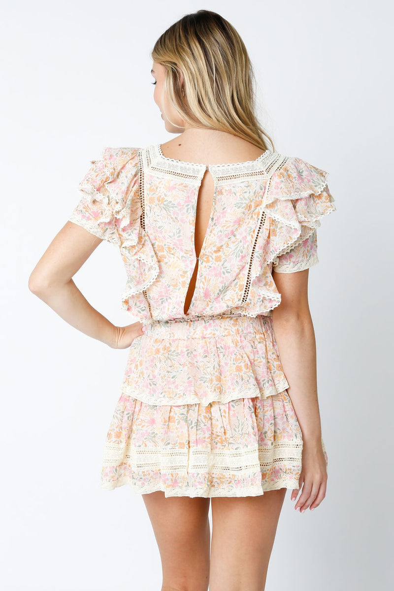 Ruffle Sleeve Mini Dress, Cream Pink Floral