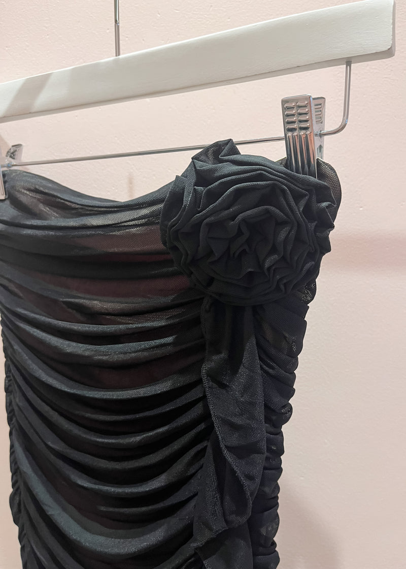 Strapless Rosette Ruched Mini Dress, Black