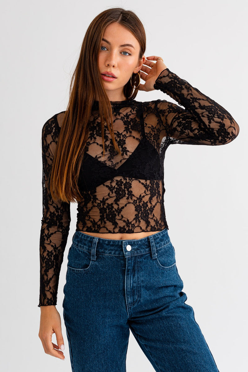 Long Sleeve Lace Top, Black