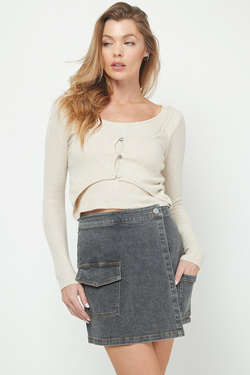 Long sleeve two piece knit top, oatmeal