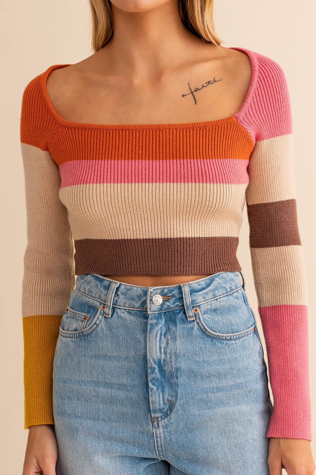 Crew Neck Striped Sweater, Pink Multi