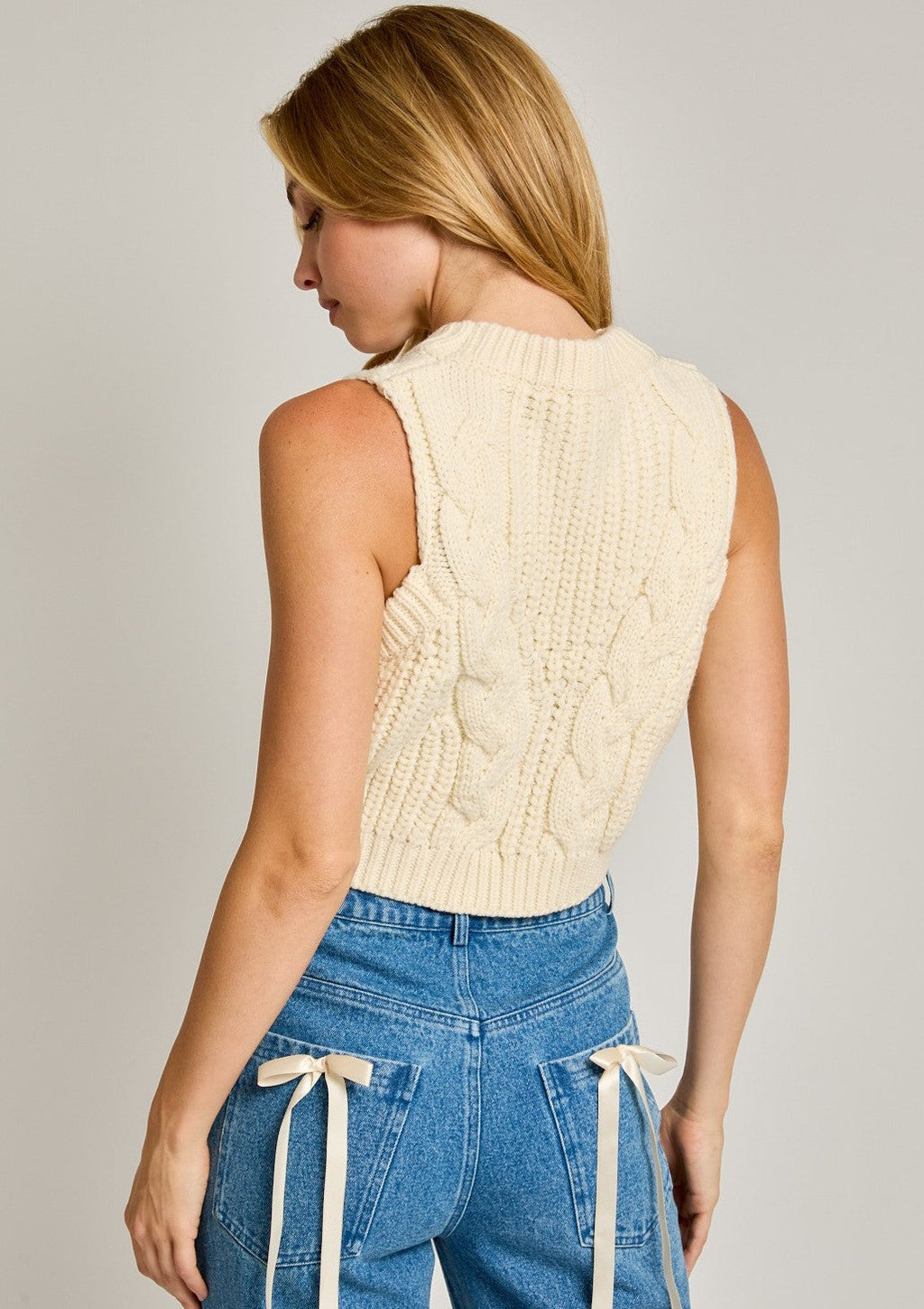 Sleeveless Chunk Cable Sweater, Cream