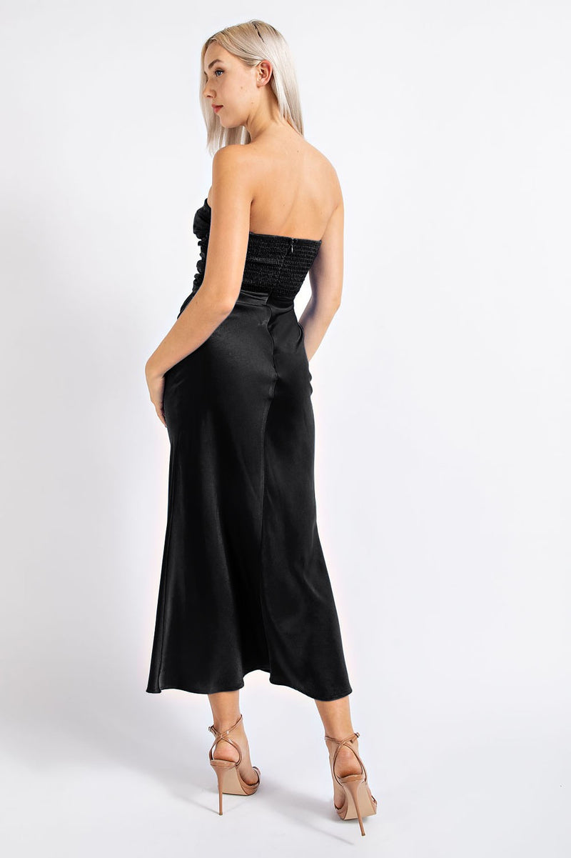 Strapless Satin Cutout Midi Dress, Black
