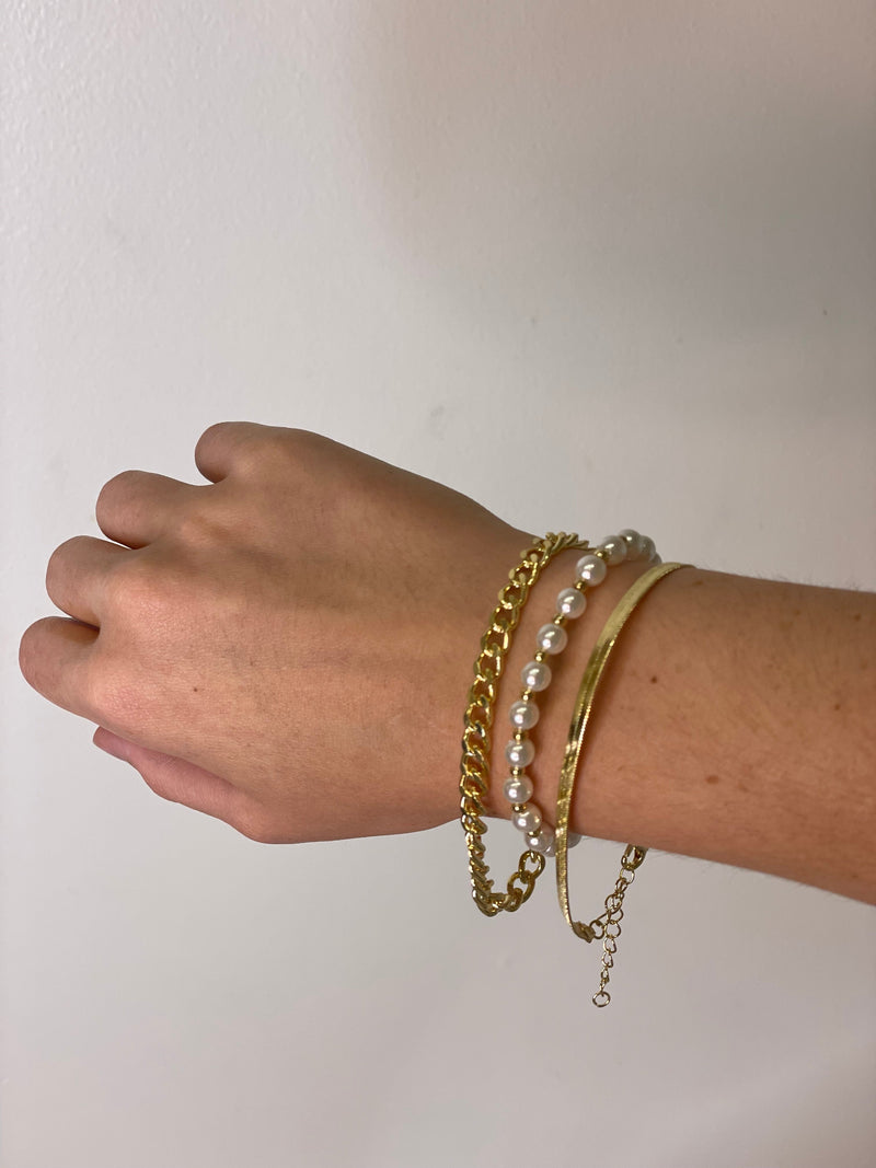 Pearl Chain Bracelet Set Of 3, Gold