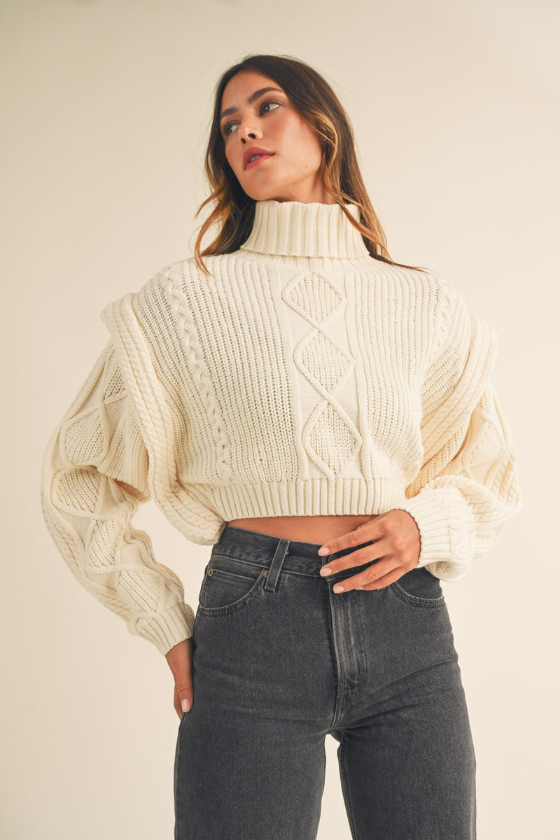 Long Sleeve Cable Sweater, Cream