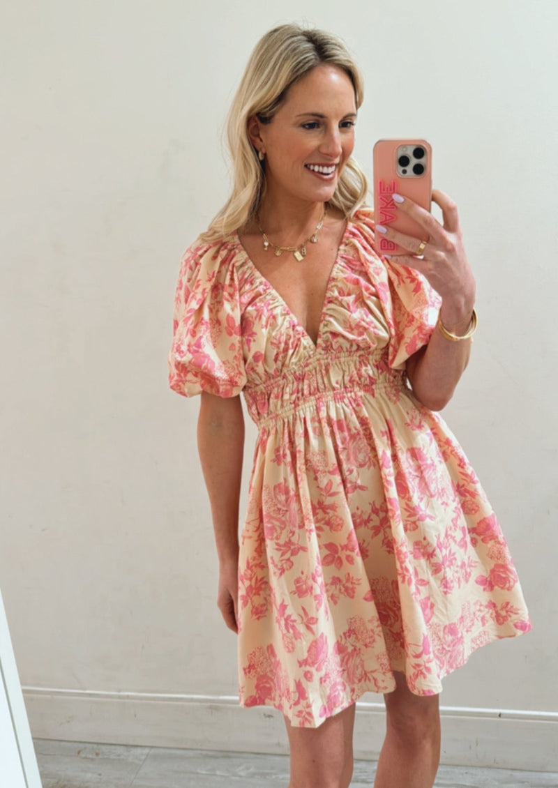 Short Sleeve V-Neck Mini Dress, Blush Pink