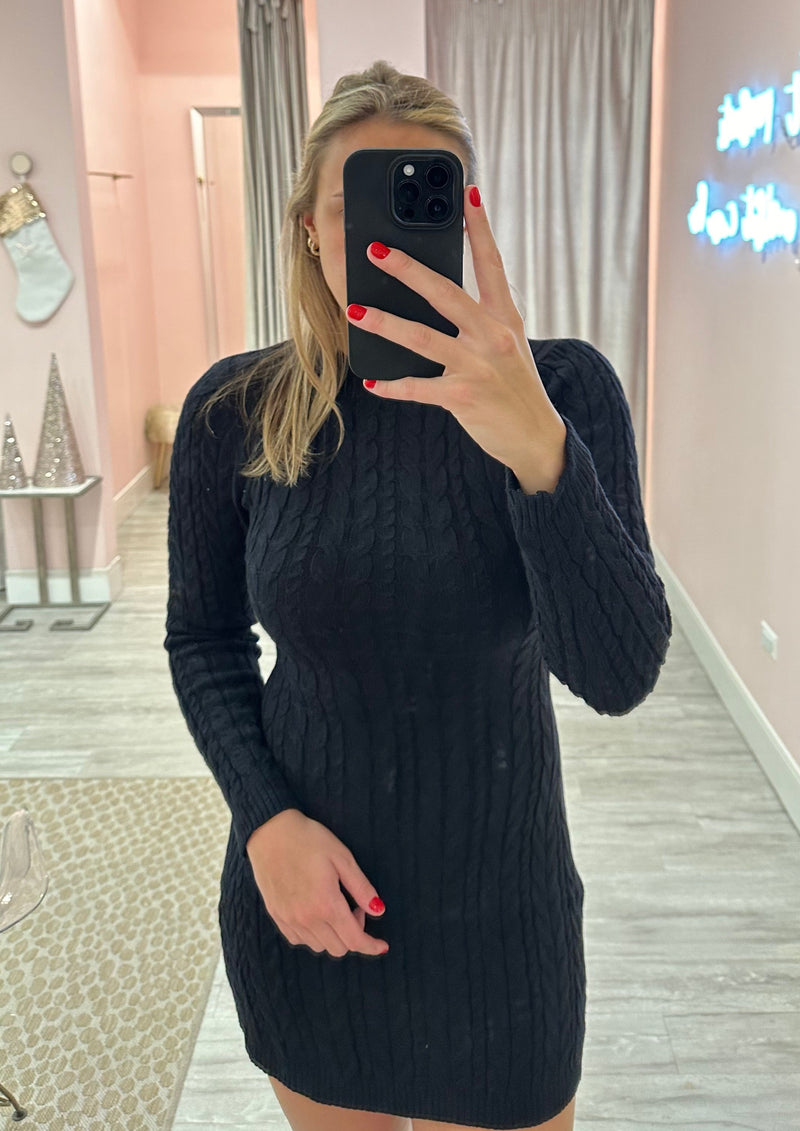 Briana Cable Sweater Mini Dress, Black