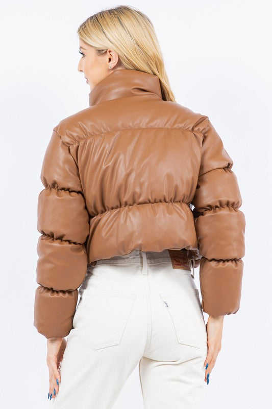 Vegan Leather Cropped Puffer Jacket, Camel