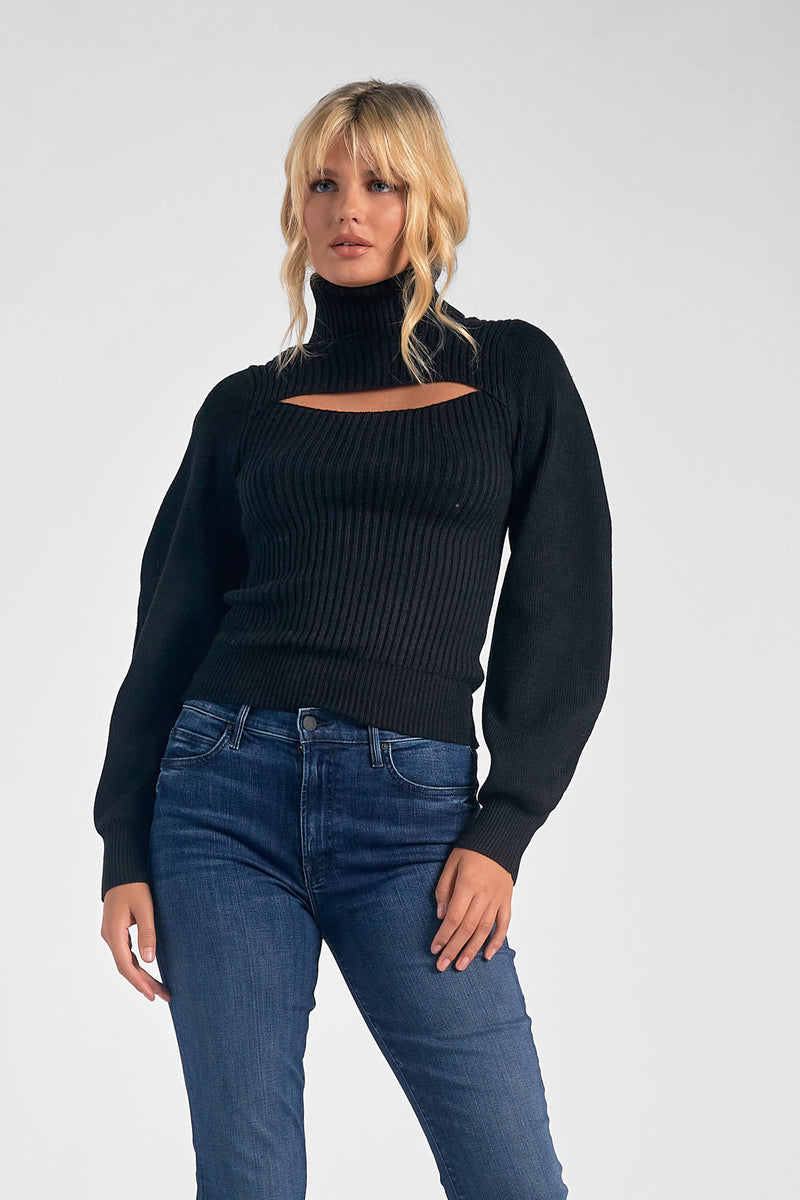 Turtleneck Cutout Sweater, Black