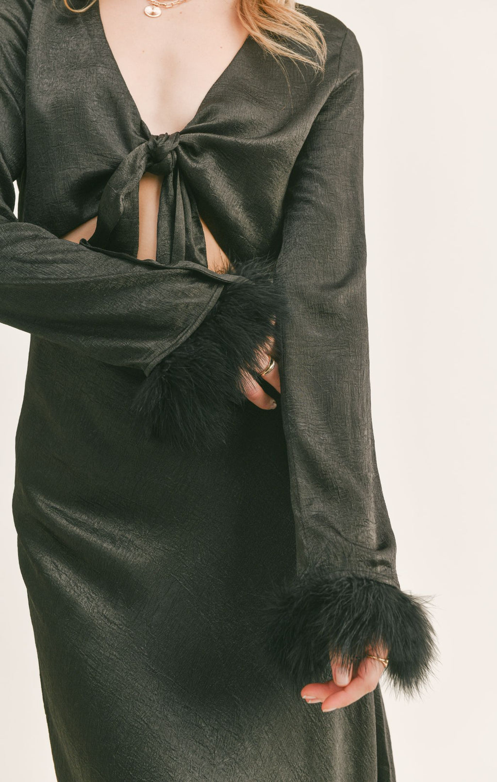 Dahlia Vegan Fur Trimmed Tie Front Top, Black