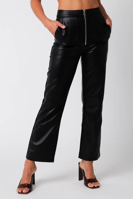 Zip Front Leather Straight Leg Pant, Black