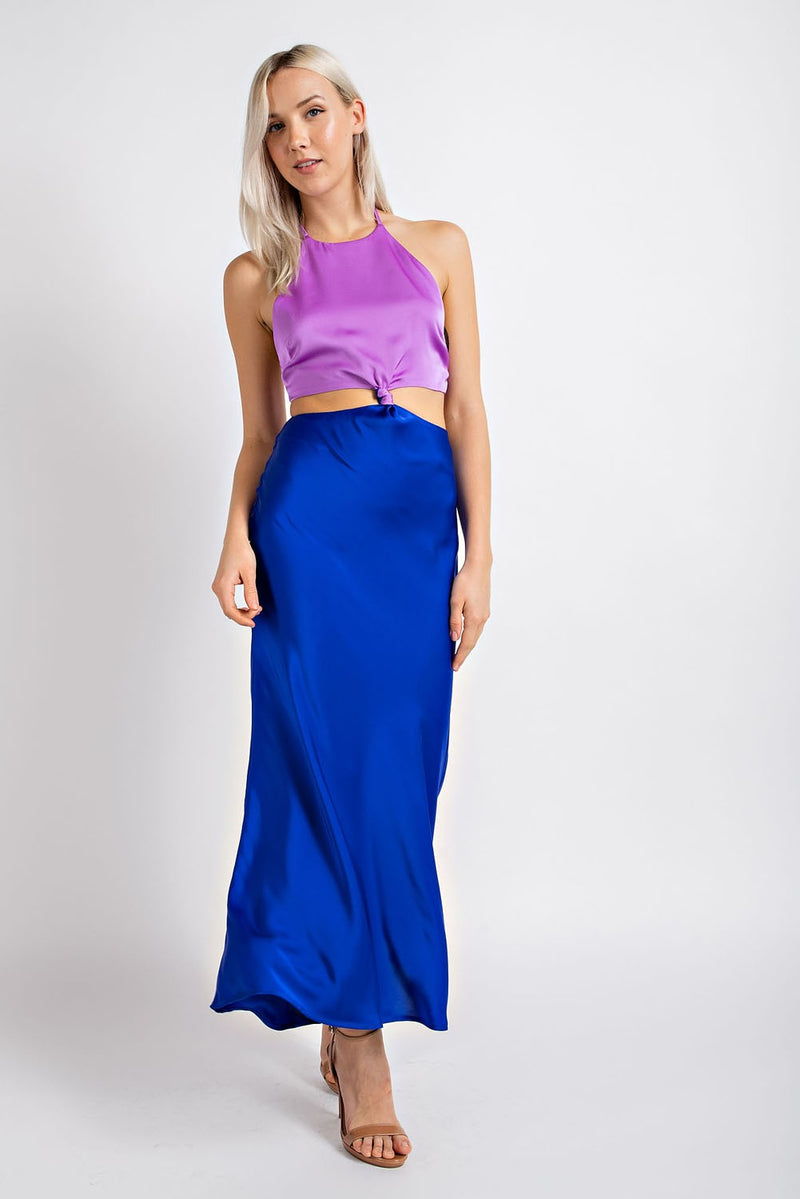 Colorblock Satin Cutout Maxi Dress, Purple