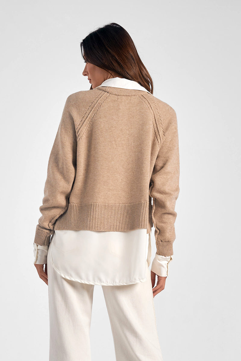 Long Sleeve Vneck Sweater Shirt Combo, Taupe