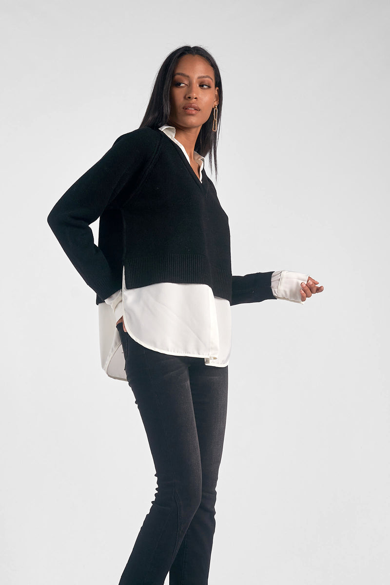 Long Sleeve Vneck Sweater Shirt Combo, Black