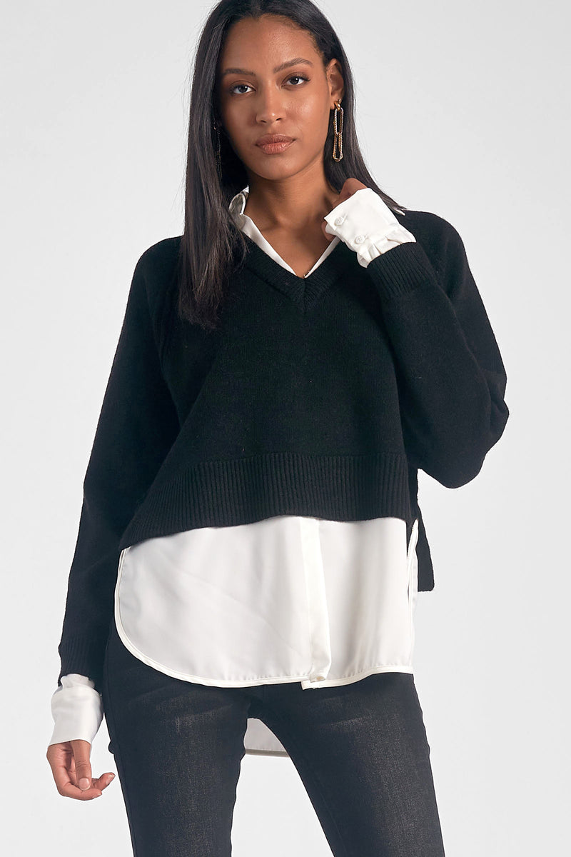 Long Sleeve Vneck Sweater Shirt Combo, Black