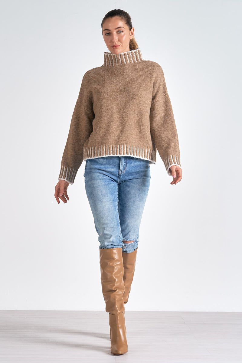 Bold Stitching Turtleneck Sweater, Tan