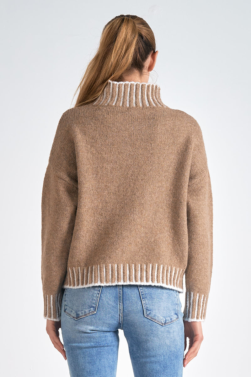 Bold Stitching Turtleneck Sweater, Tan