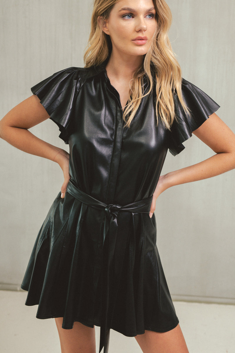 Faux Leather Flutter Cap Sleeve Dress, Black