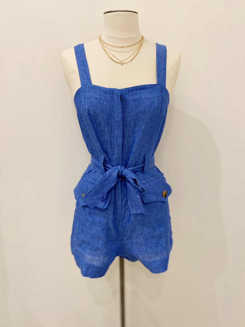 Sleeveless Romper With Front Pockets, Denim