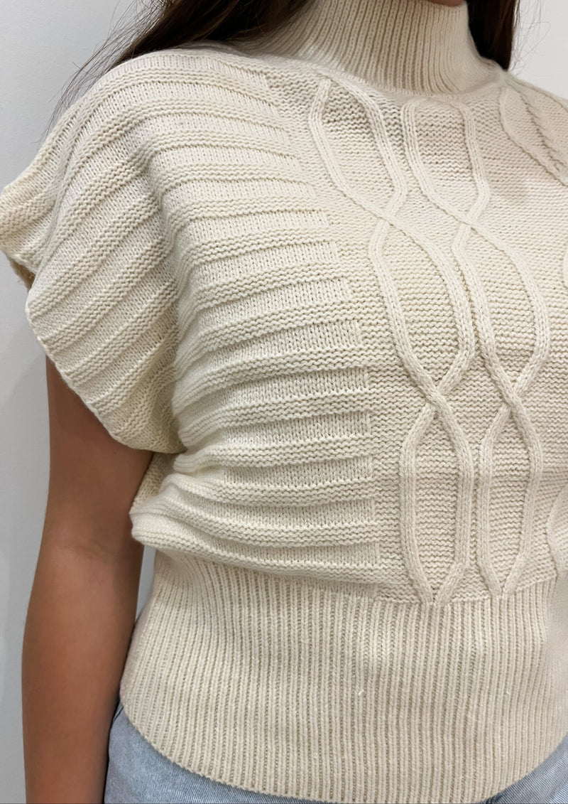 Short Sleeve Cable Sweater, Cream