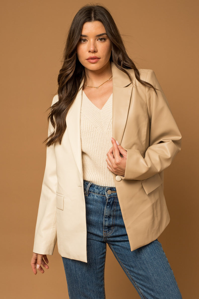 Color block faux leather blazer, taupe