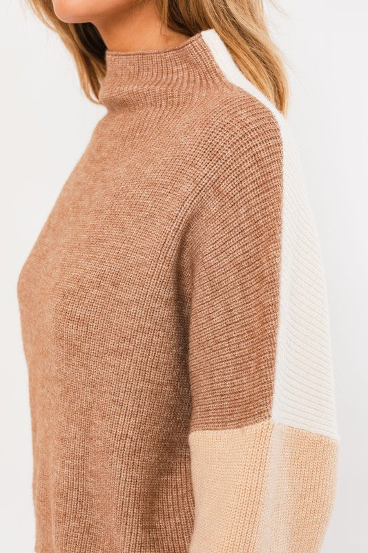 Colorblock Turtleneck Sweater, Tan