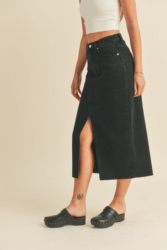 Washed Denim Midi Skirt, Black