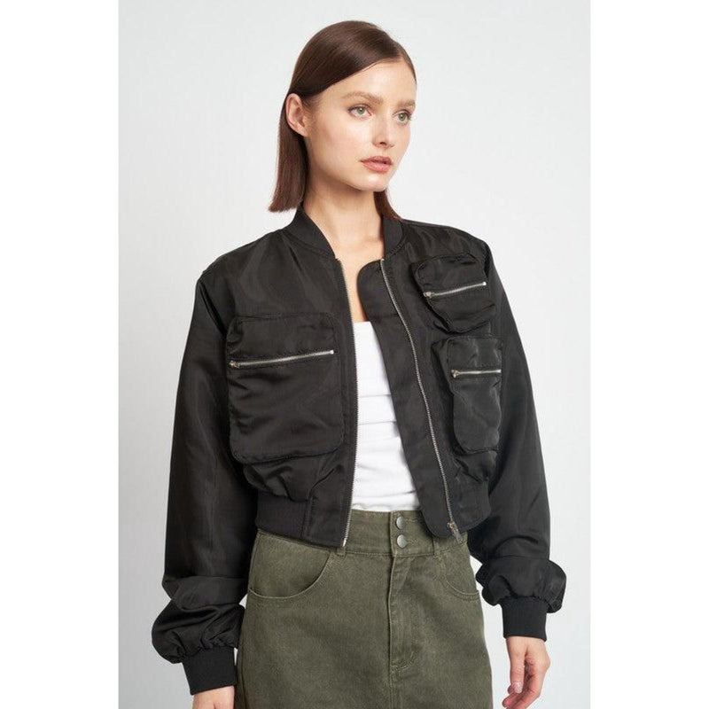 Cropped Bomber Jacket w Pocket Detail, Black