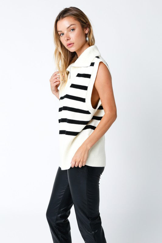 Half Zip Stripe Sweater Vest, Cream Black