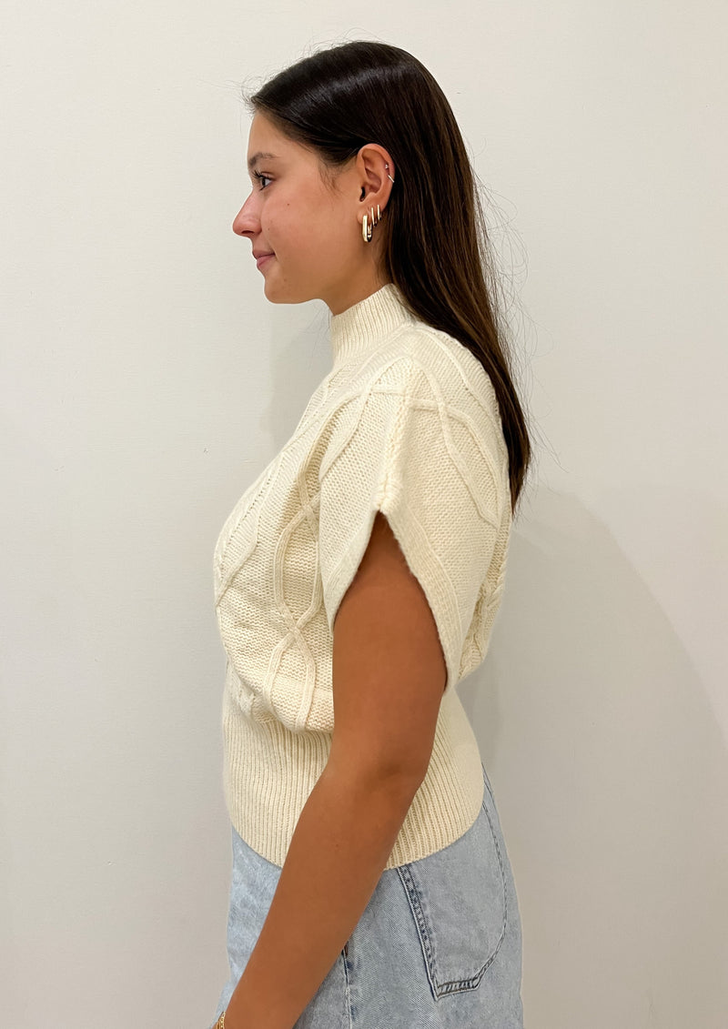 Short Sleeve Cable Sweater, Cream