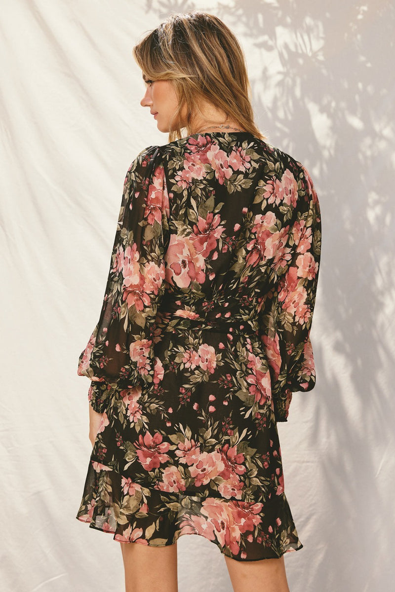 Long sleeve mini floral wrap dress, Night Garden