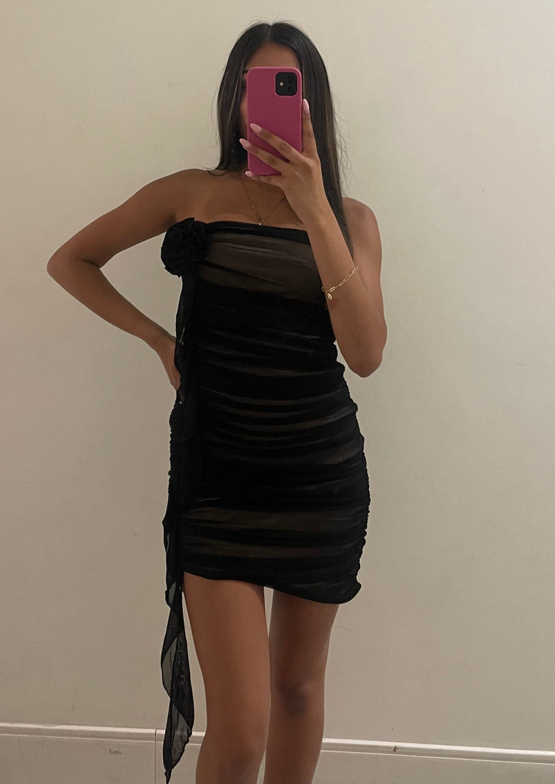 Strapless Rosette Ruched Mini Dress, Black