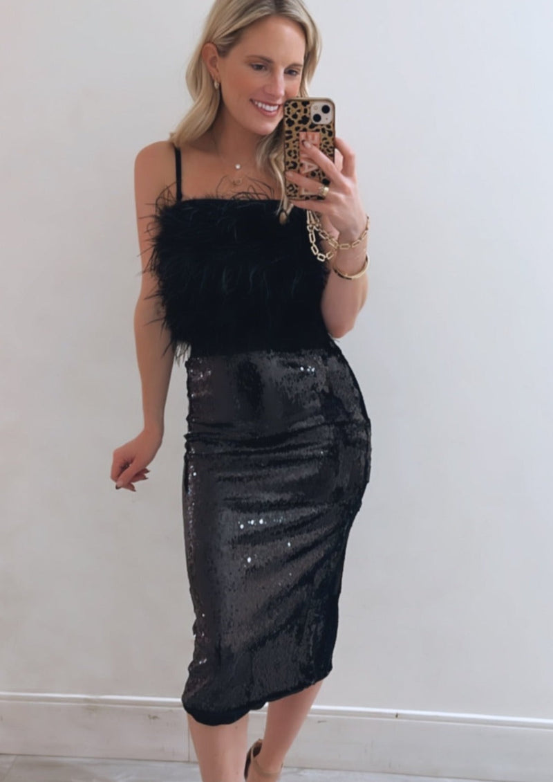 Sequin midi skirt, black