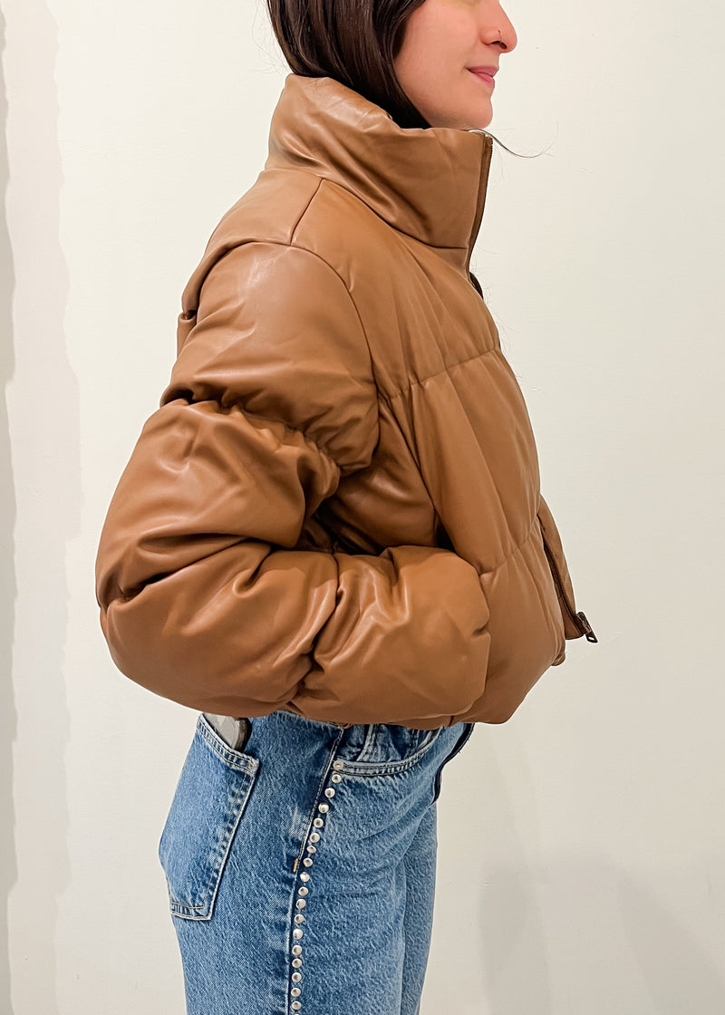 Vegan Leather Cropped Puffer Jacket, Camel